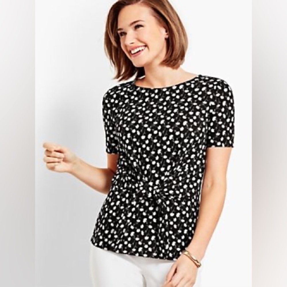 Talbots Floral Peplum Tie Front Black and White Career Classic Casual Top SZ XS
